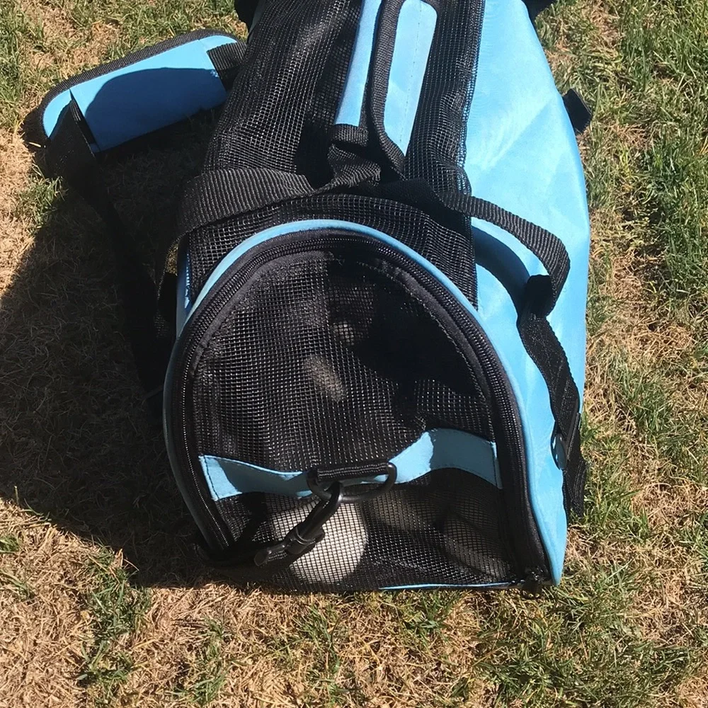 - Pet Carrier with shoulder strap light blue and black well vented used 1x